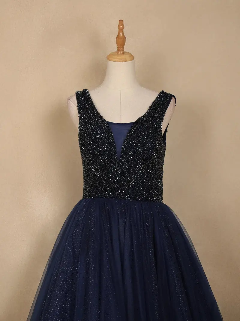 Navy Blue Beads And Glitter Worked Net Party Wear Gown 2