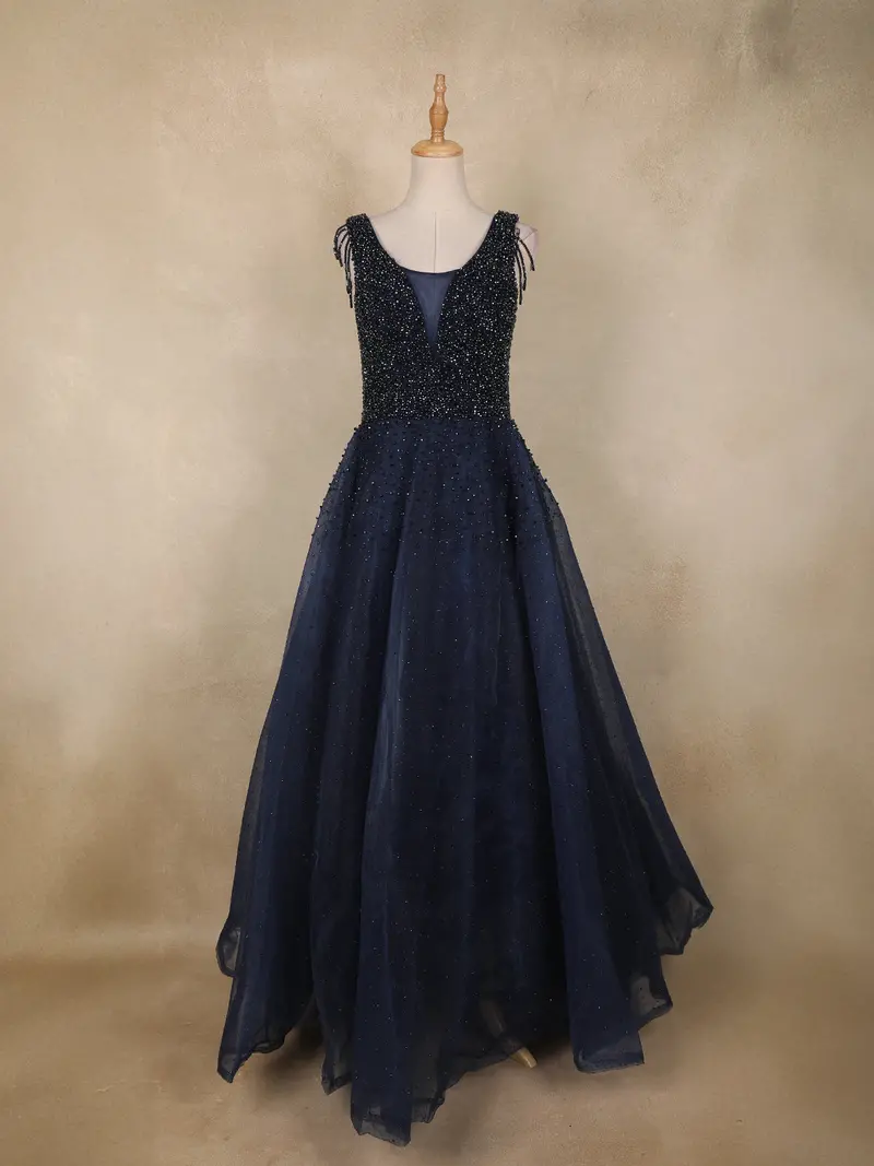 Navy Blue Beads Embellished Design Net Ball Gown With Sleeveless Shoulder Tassel Design 1