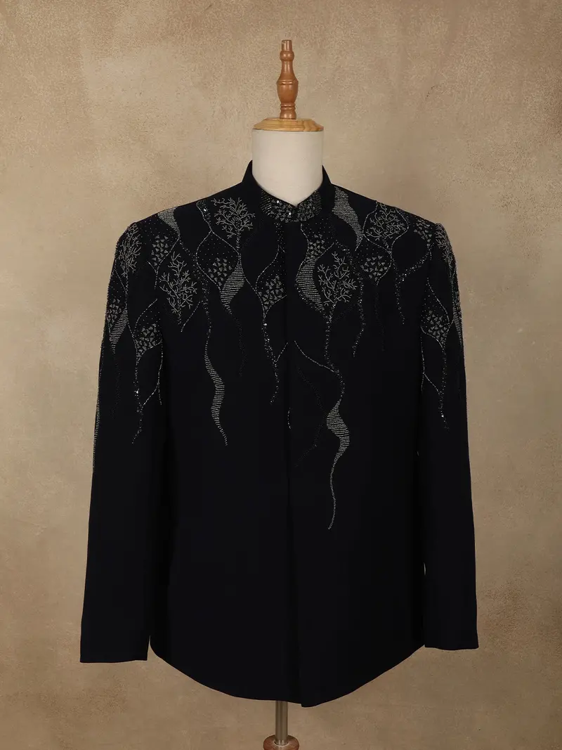 Navy Blue Beads Embroidered Design Polynosic Men's Suit 1