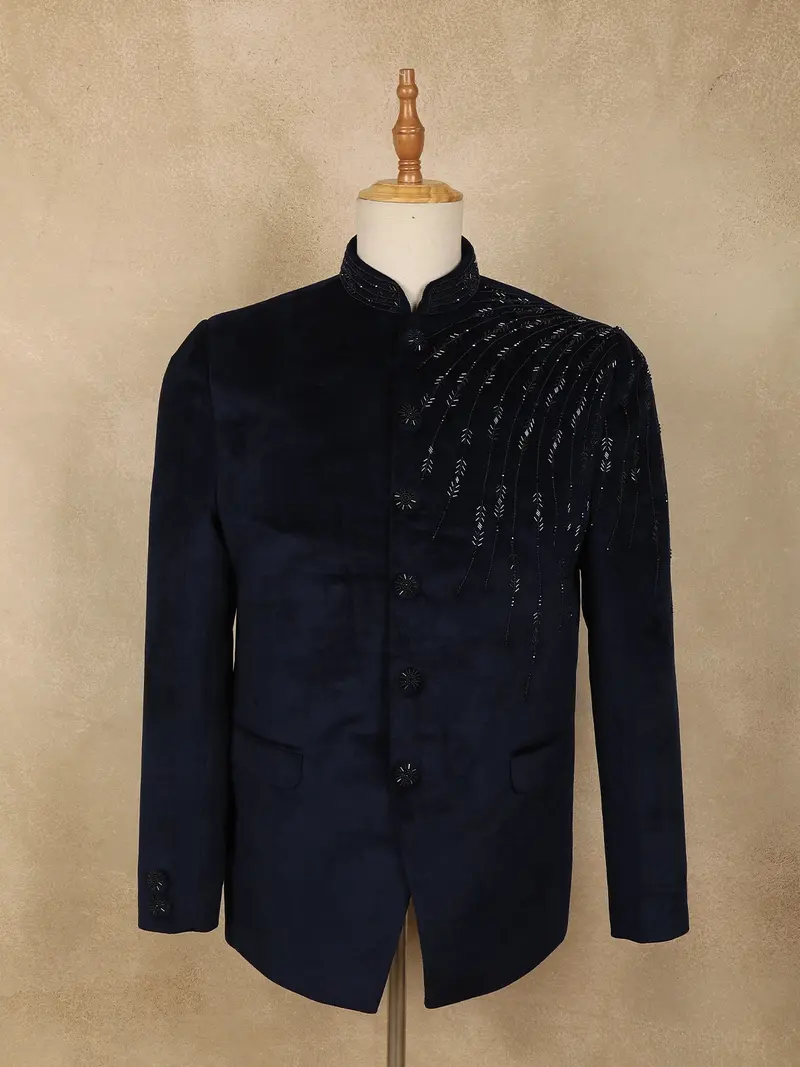 Navy Blue Beads Embroidered Design Velvet Men’S Suit 1