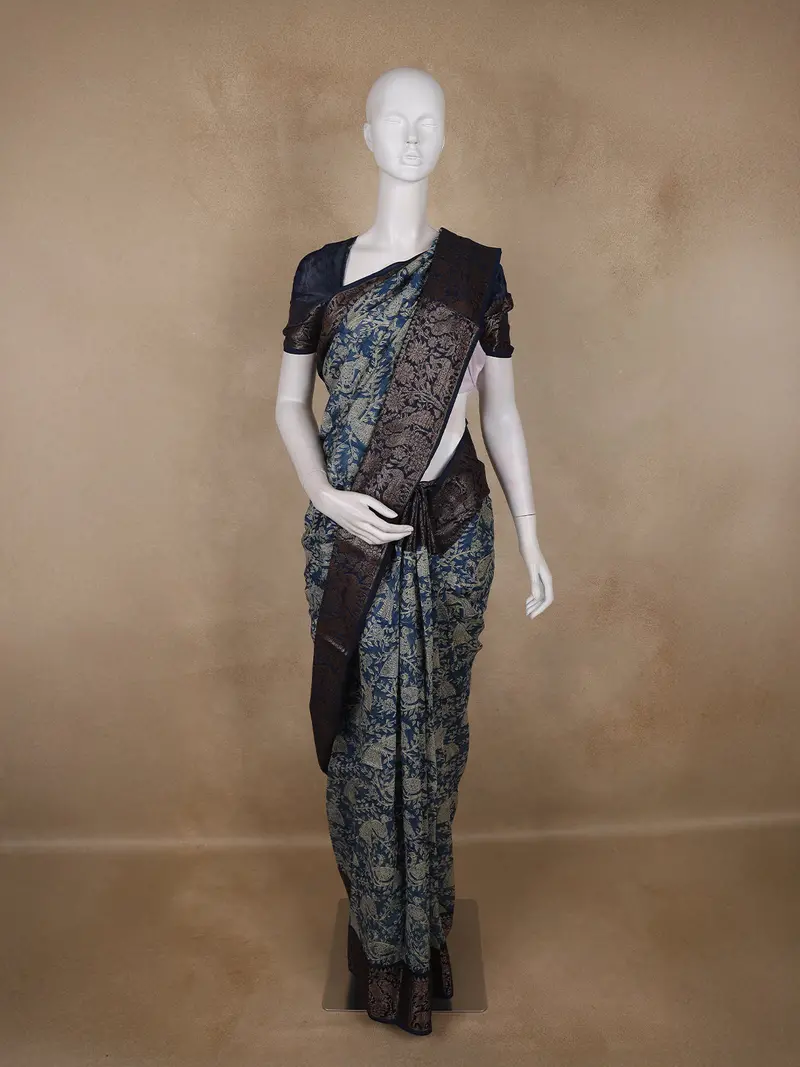 Navy Blue Bird Motif Printed Chanderi Cotton Saree With Zari Border 1