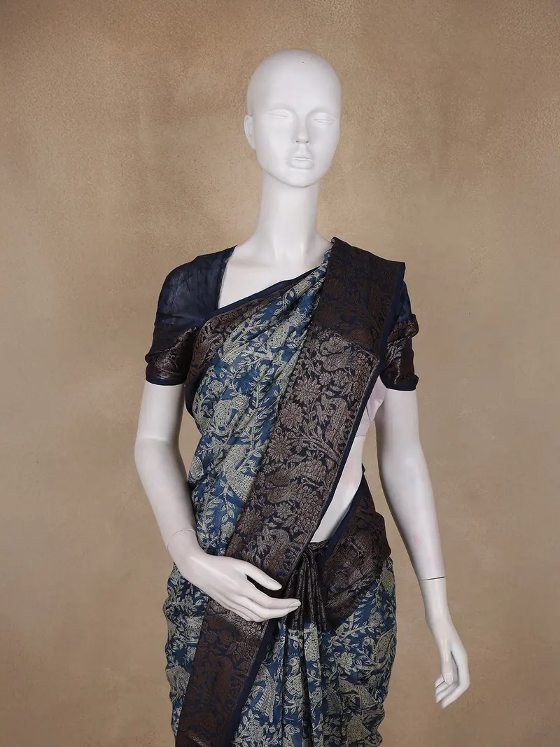 Navy Blue Bird Motif Printed Chanderi Cotton Saree With Zari Border 2