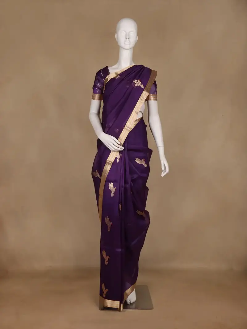 Navy Blue Bird Motif Woven Design Organza Saree With Zari Border 1