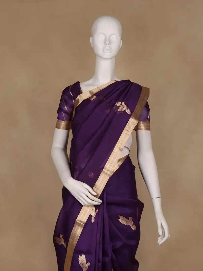 Navy Blue Bird Motif Woven Design Organza Saree With Zari Border 2
