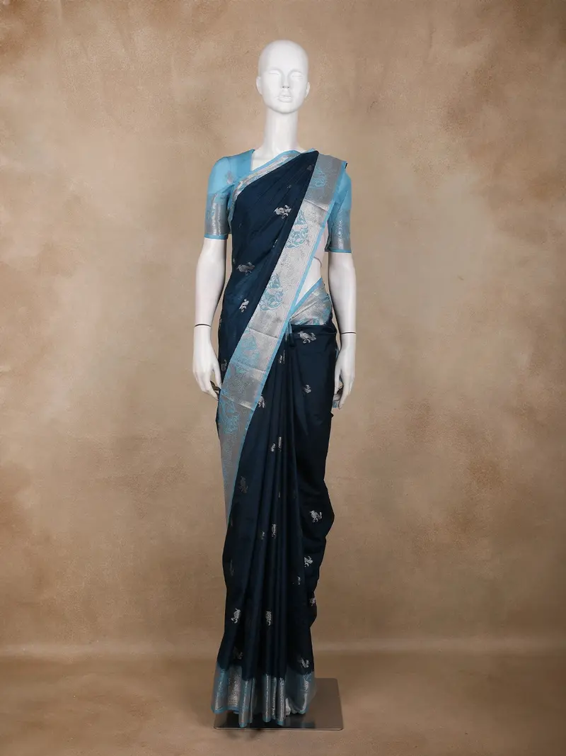 Navy Blue Birds Woven Raw Silk Saree With Contrast Sky Blue Zari Border 1