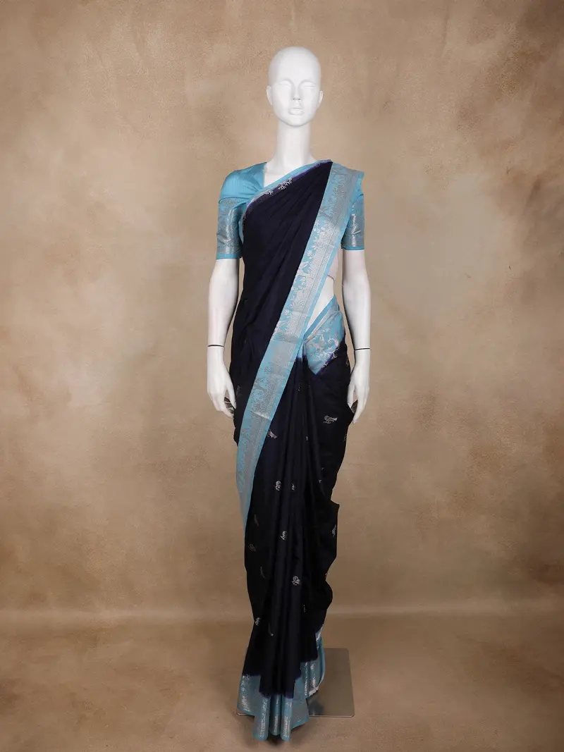 Navy Blue Birds Woven Raw Silk Saree With Contrast Sky Blue Zari Border 1