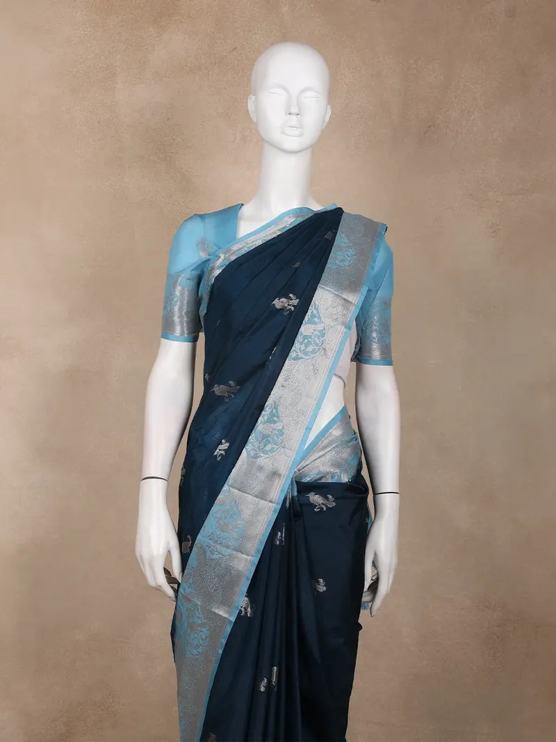 Navy Blue Birds Woven Raw Silk Saree With Contrast Sky Blue Zari Border 2