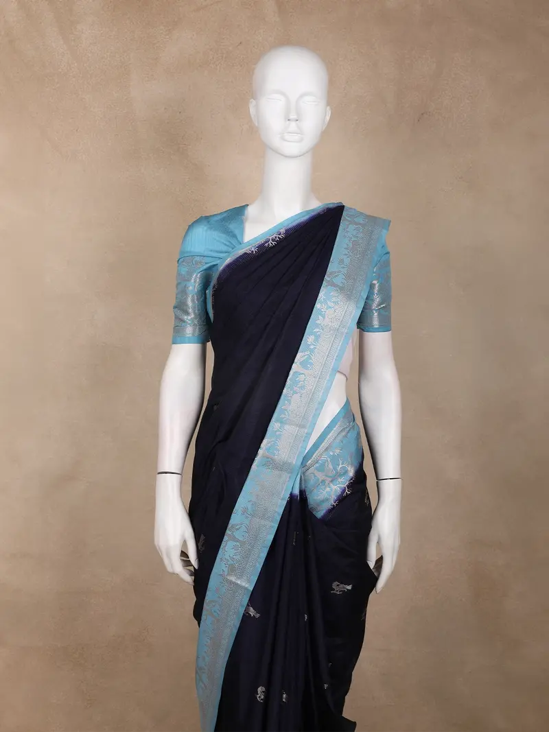 Navy Blue Birds Woven Raw Silk Saree With Contrast Sky Blue Zari Border 2