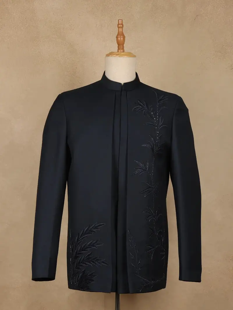 Navy Blue Botanical Embroidered Viscose Men's Suit 1