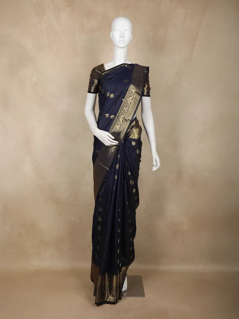 Navy Blue Butta Design Art Silk Saree With Contrast Zari Woven Border 1
