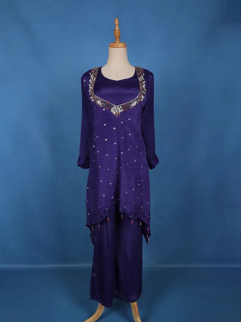 Navy Blue Butta Design Silk Palazzo Suit 1