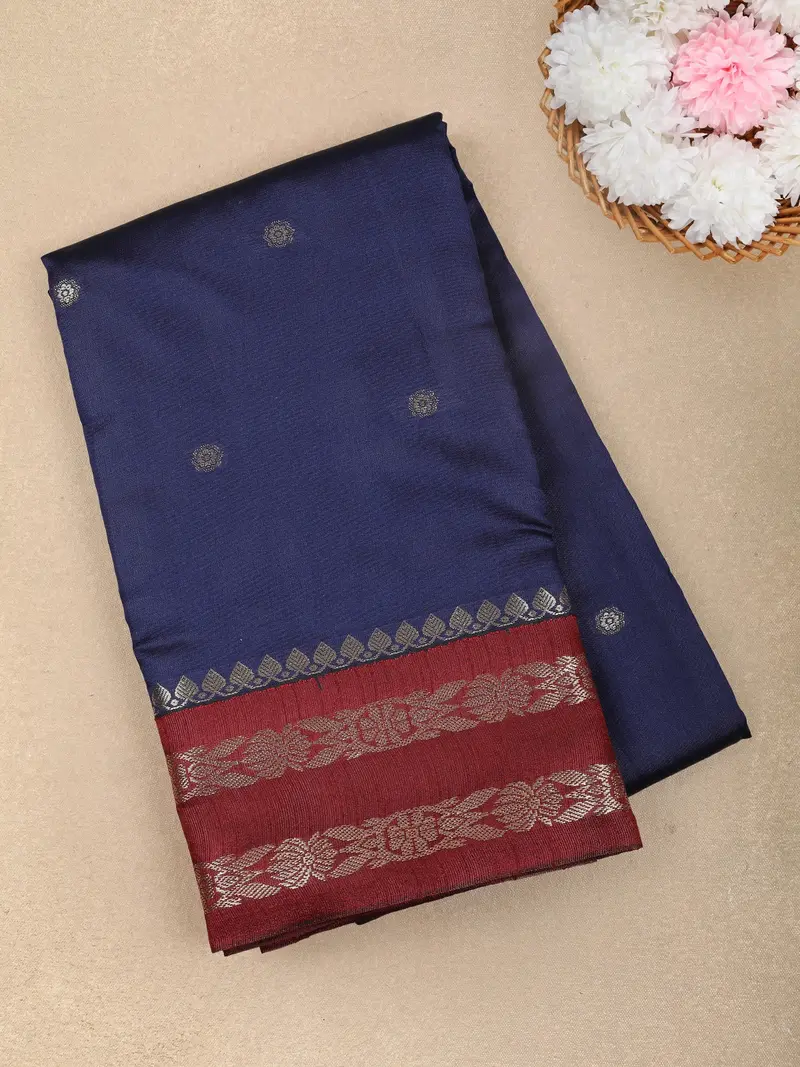 Navy Blue Butta Design Soft Silk Fancy Wear Saree With Contrast Zari Border 1