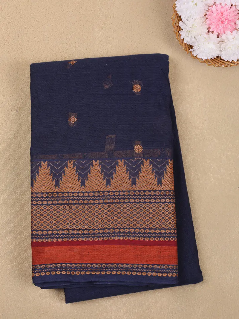 Navy Blue Butta Woven Design Cotton Saree With Contrast Border 1