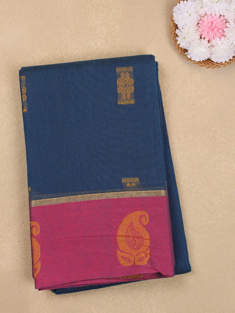 Navy Blue Butta Woven Design Cotton Saree With Zari Border 1