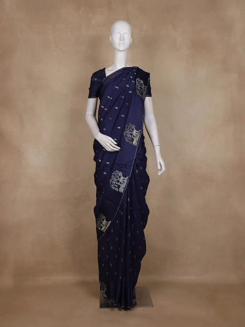Navy Blue Butta Woven Design Semi Banarasi Saree Withanimal Design Border 1