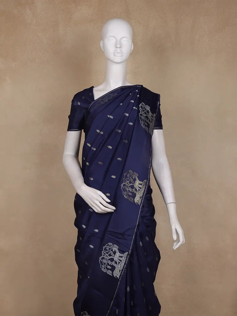 Navy Blue Butta Woven Design Semi Banarasi Saree Withanimal Design Border 2