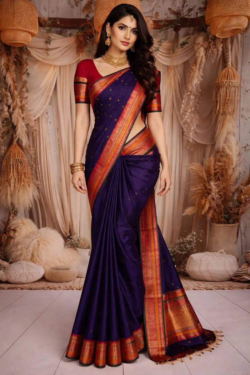 Navy Blue Butta Zari Woven Design Pure Kanchipuram Silk Saree With Contrast Double Zari Border 1