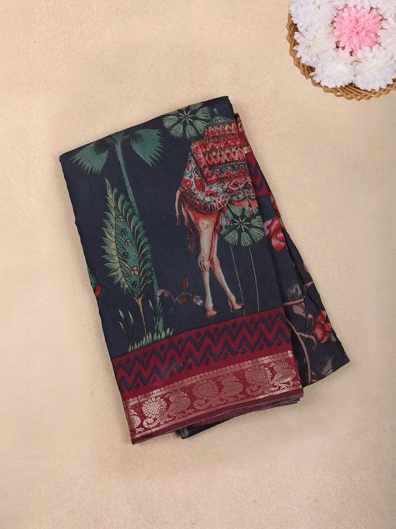Navy Blue Camel Printed Design Chanderi Cotton Saree With Contrast Zari Woven Border 1