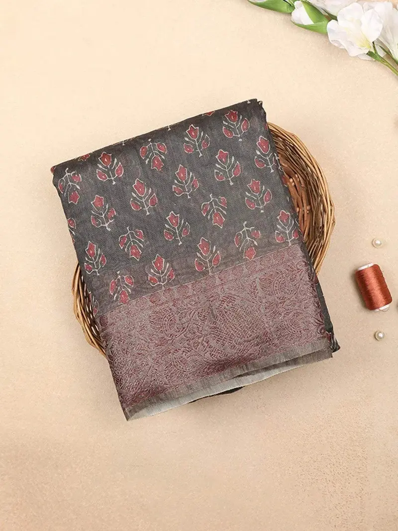Navy Blue Chanderi Silk Saree With Floral Design & Designed Border 1