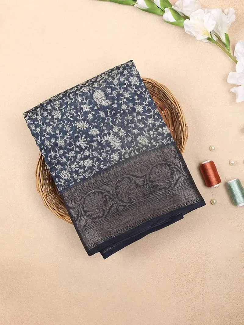 Navy Blue Chanderi Silk Saree With Paisley And Flower Design On The Body With Designed Border 1