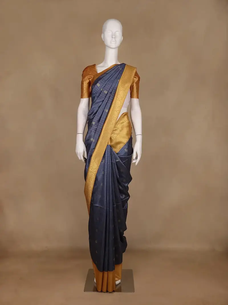 Navy Blue Checked Butta Design Semi Tussar Saree 1