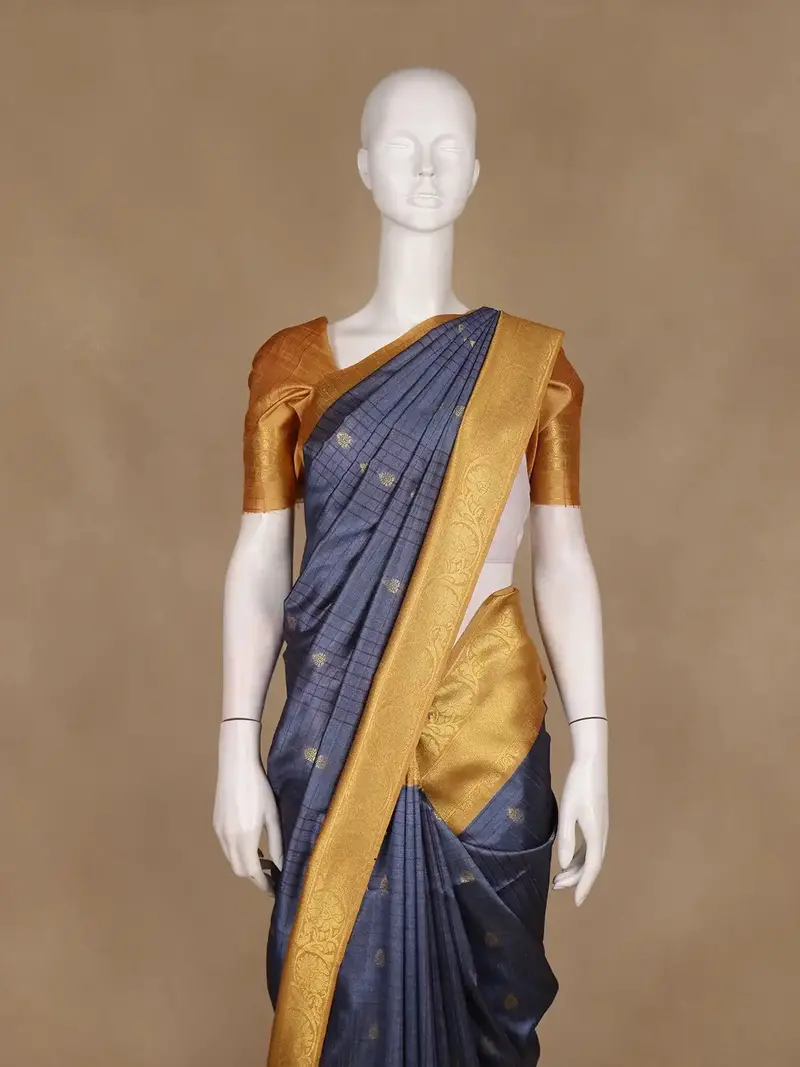 Navy Blue Checked Butta Design Semi Tussar Saree 2