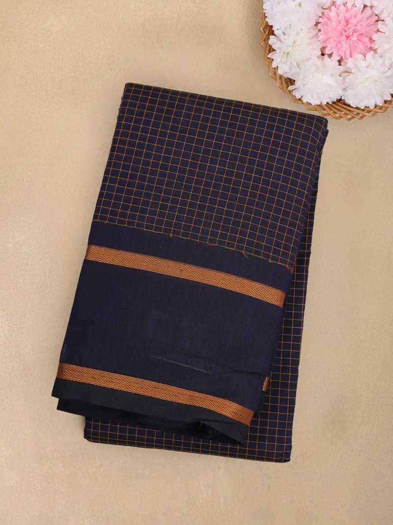 Navy Blue Checked Design Cotton Saree With Woven Border 1