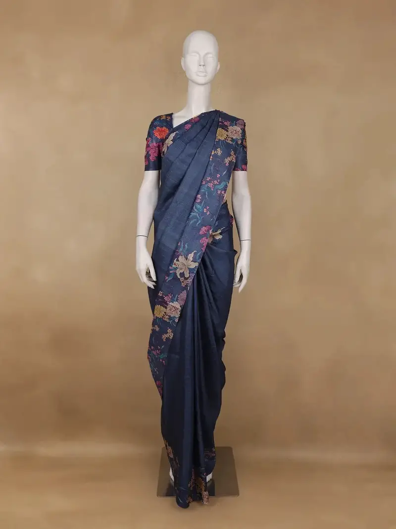 Navy Blue Checked Design Tussar Silk Saree 1