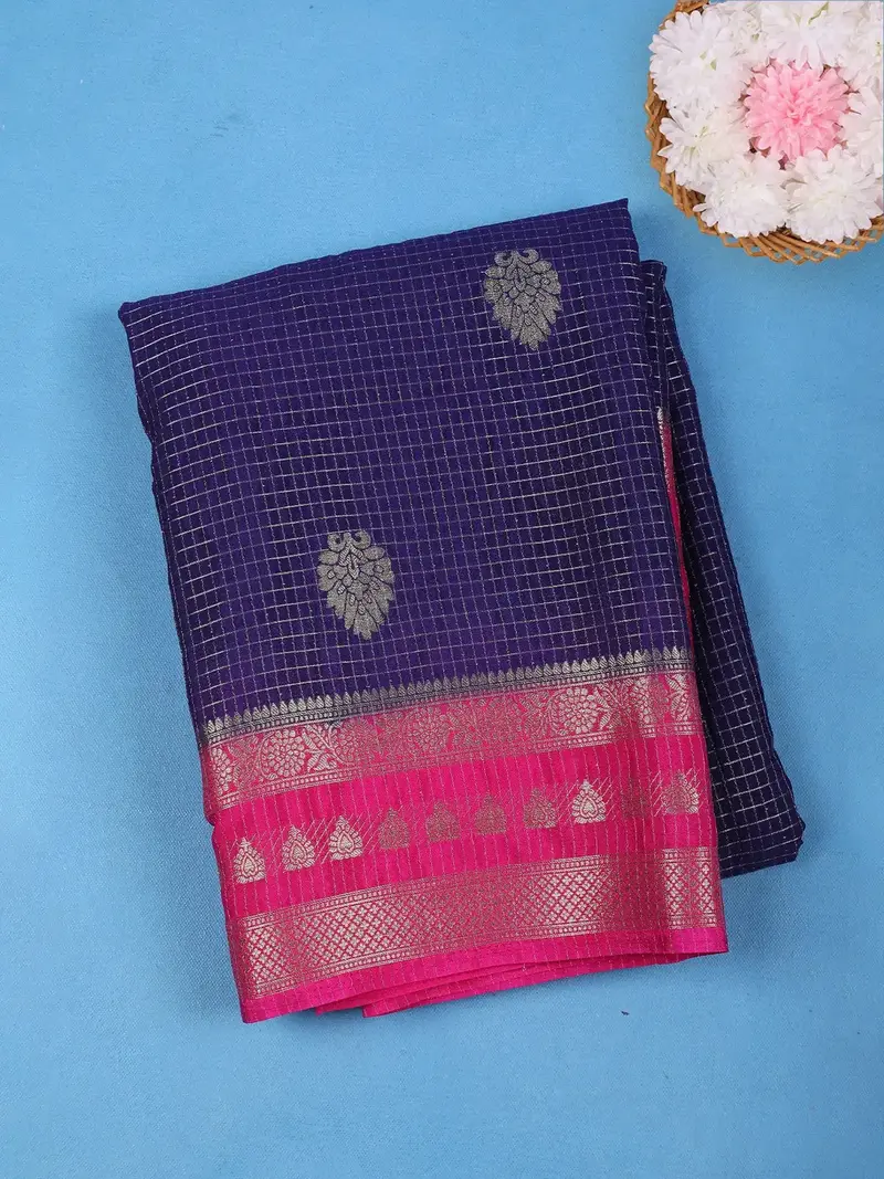 Navy Blue Checked Mysore Silk Saree With Silver Zari Motifs And Pink Border 1