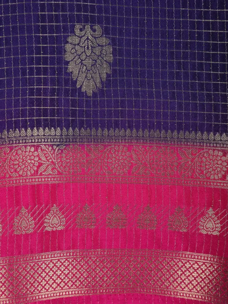 Navy Blue Checked Mysore Silk Saree With Silver Zari Motifs And Pink Border 2