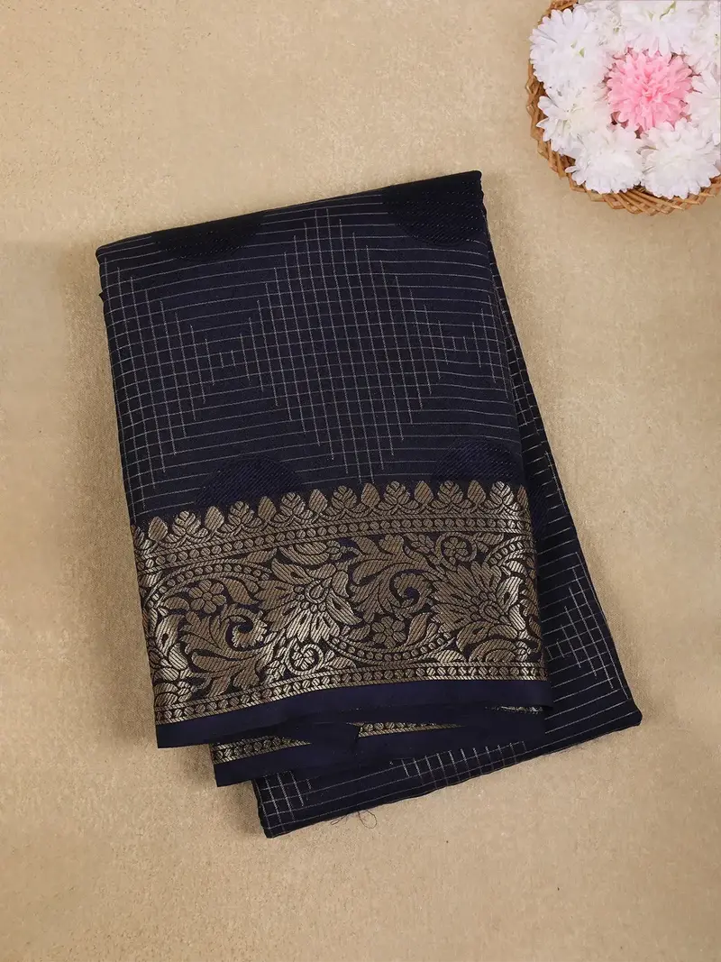 Navy Blue Checked Mysore Silk Saree With Zari Floral Border And Circle Motifs 1