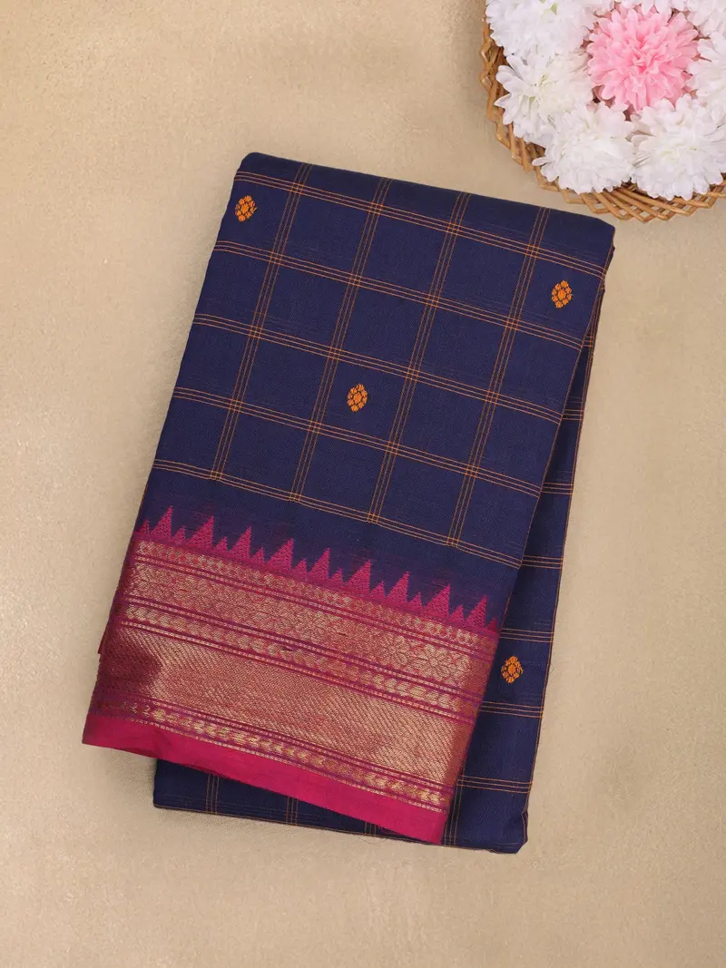 Navy Blue Checked Woven Design Cotton Saree With Pink Zari Border 1