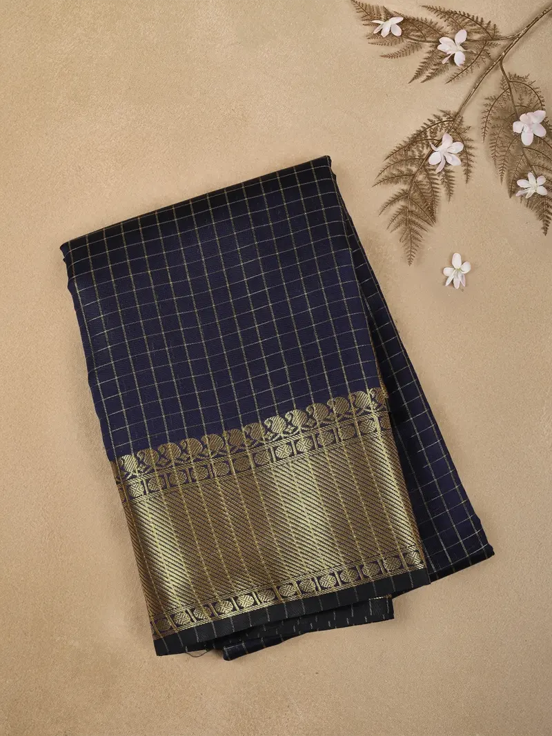 Navy Blue Checked Woven Design Soft Silk Fancy Saree 1