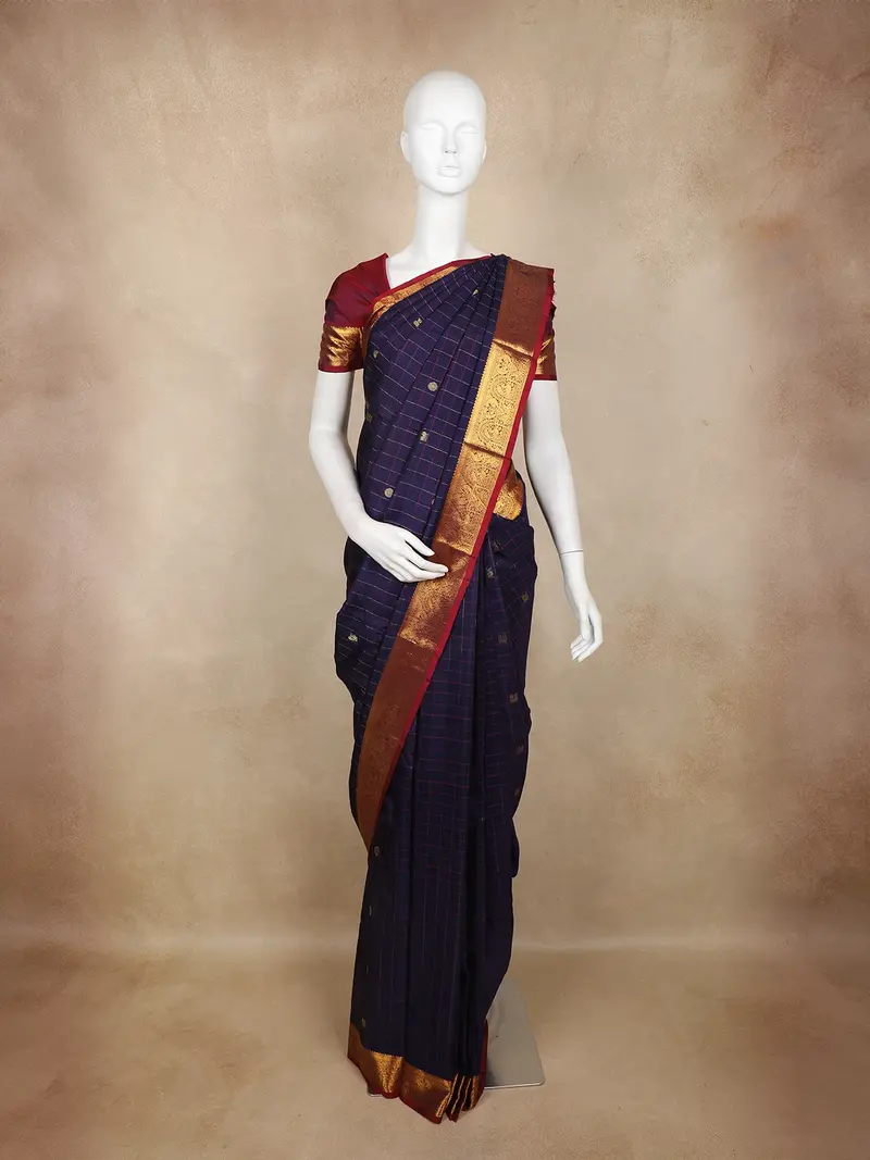 Navy Blue Checked Zari Woven Design Pure Kanchipuram Silk Saree With Contrast Maroon Border 1