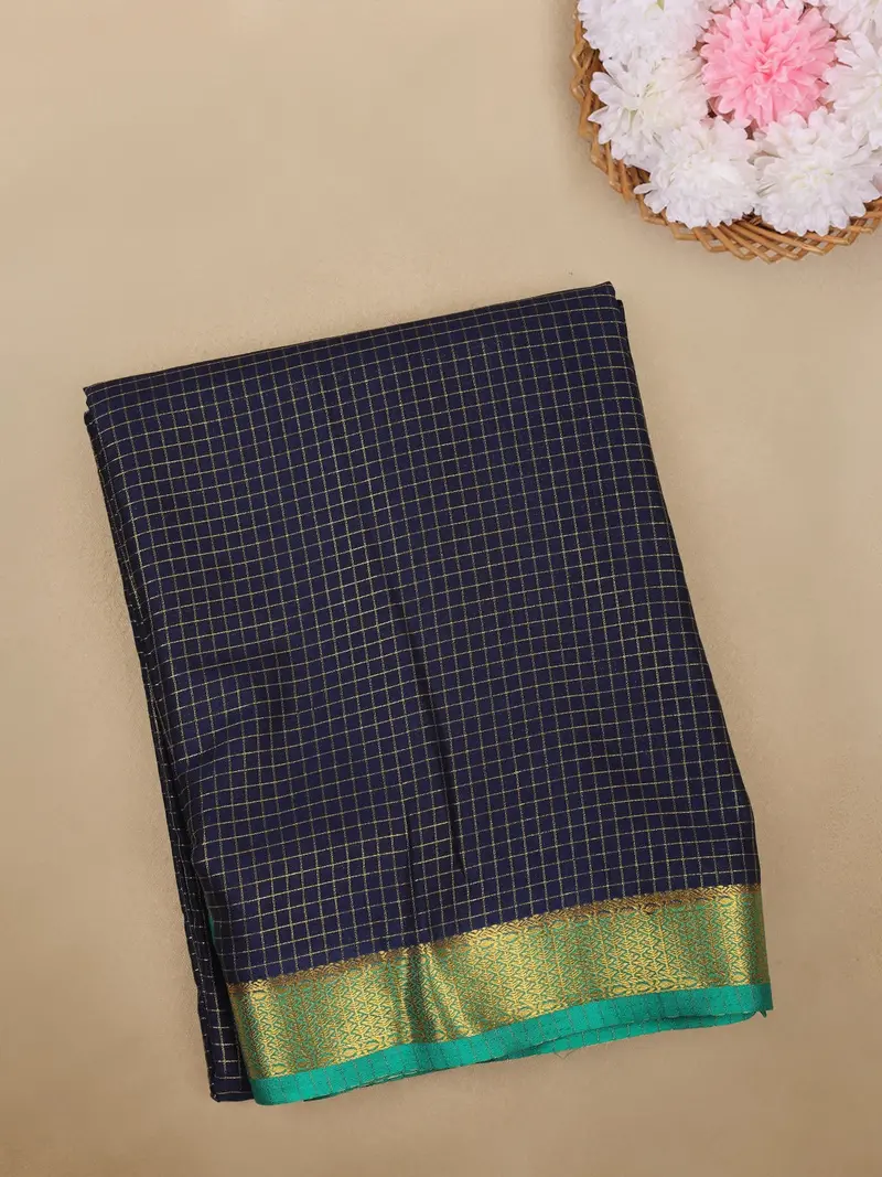 Navy Blue Checks Woven Mysore Silk Saree With Contrast Green Border 1