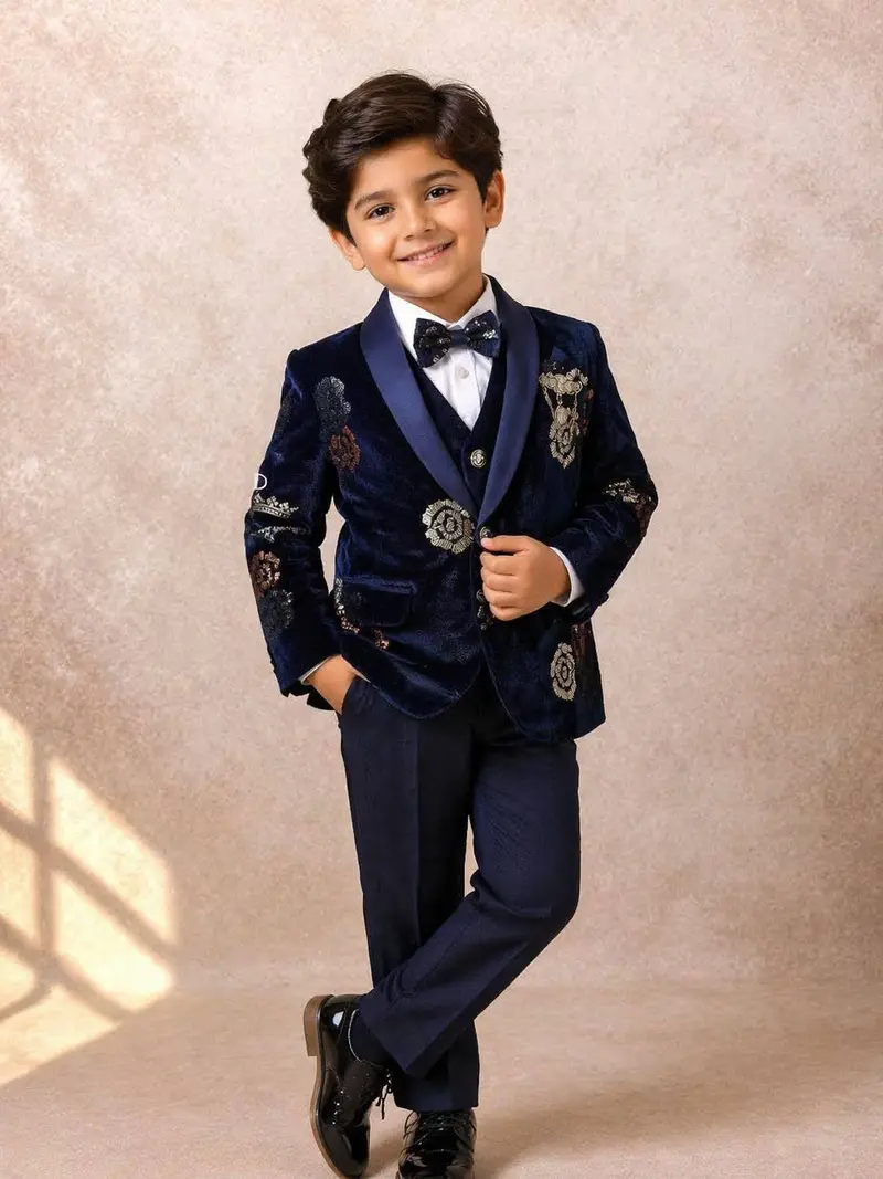 Navy Blue Coat Suit Embellished With Sequins And Floral Design Attached With Bow 1
