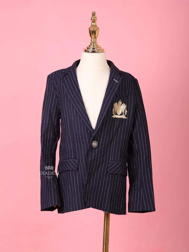Navy Blue Cotton Blend Full Sleeve Striped Pattern Blazer For Boys 1