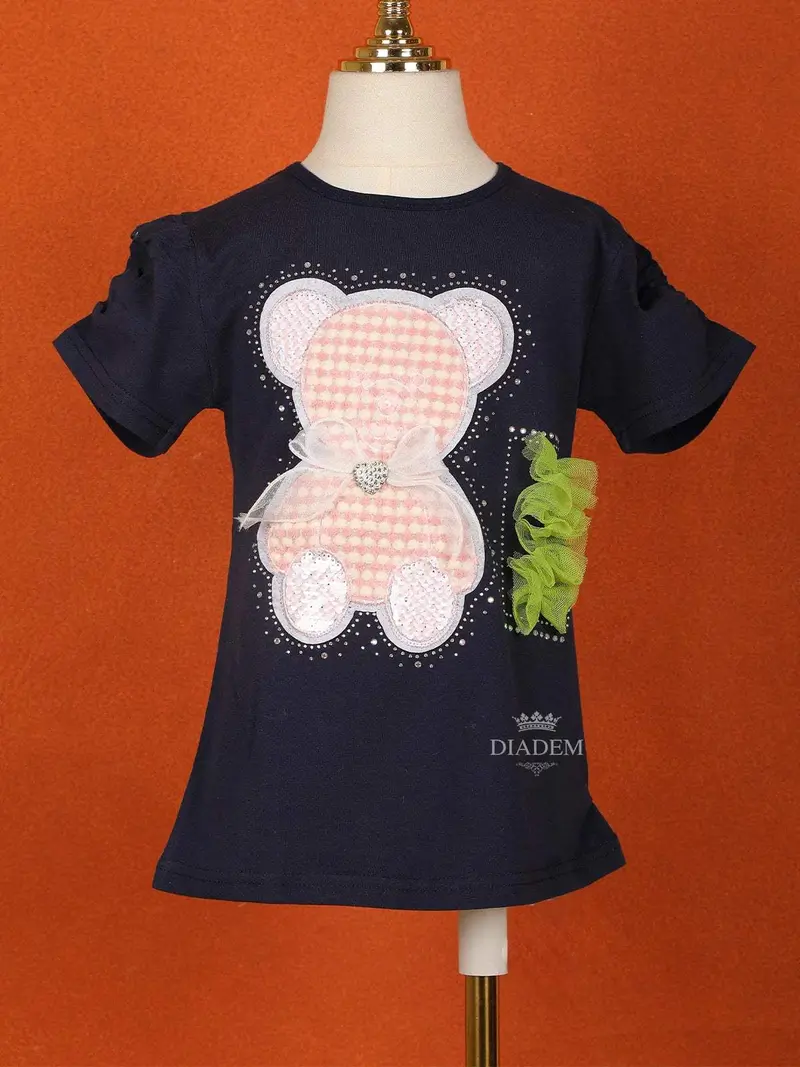 Navy Blue Cotton Half Sleeve Embroidery T-Shirt For Girls 1