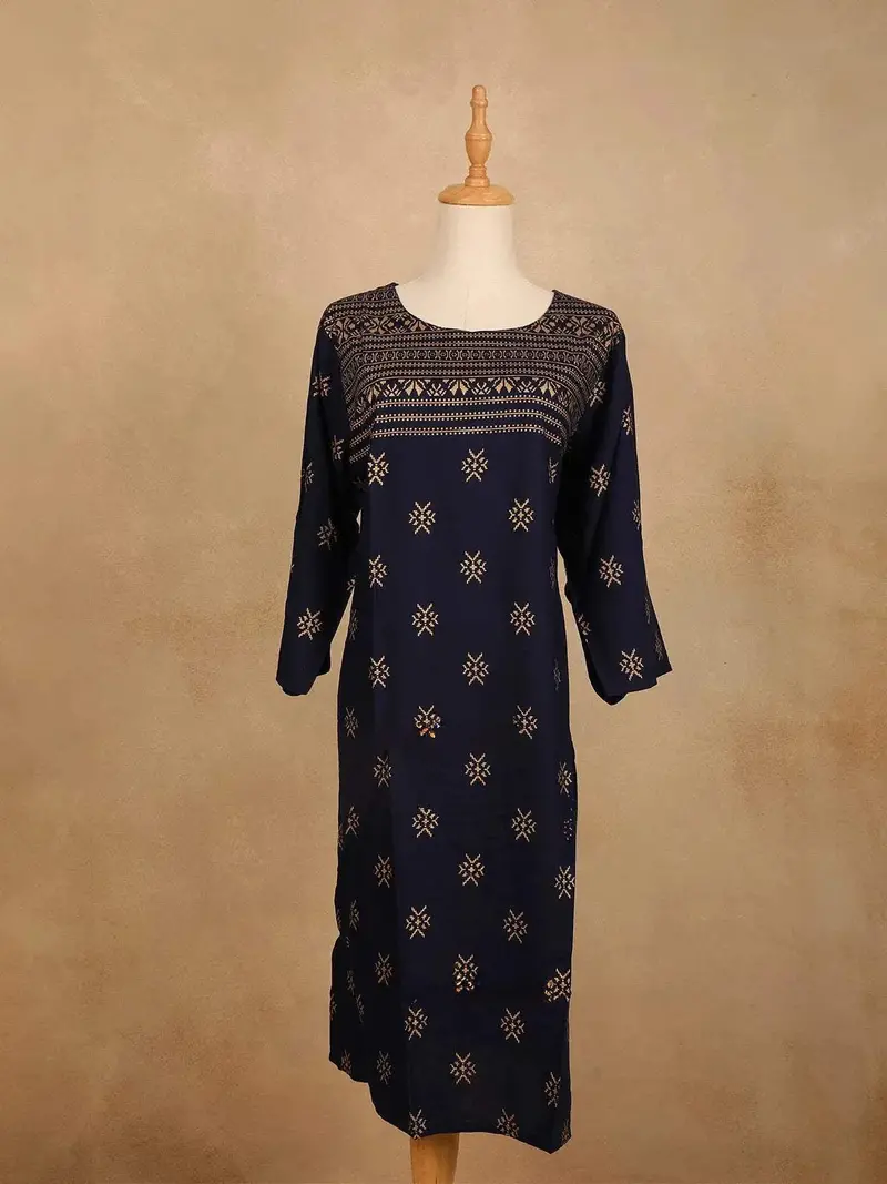 Navy Blue Cotton Kurti Top Adorned With Design Prints 1