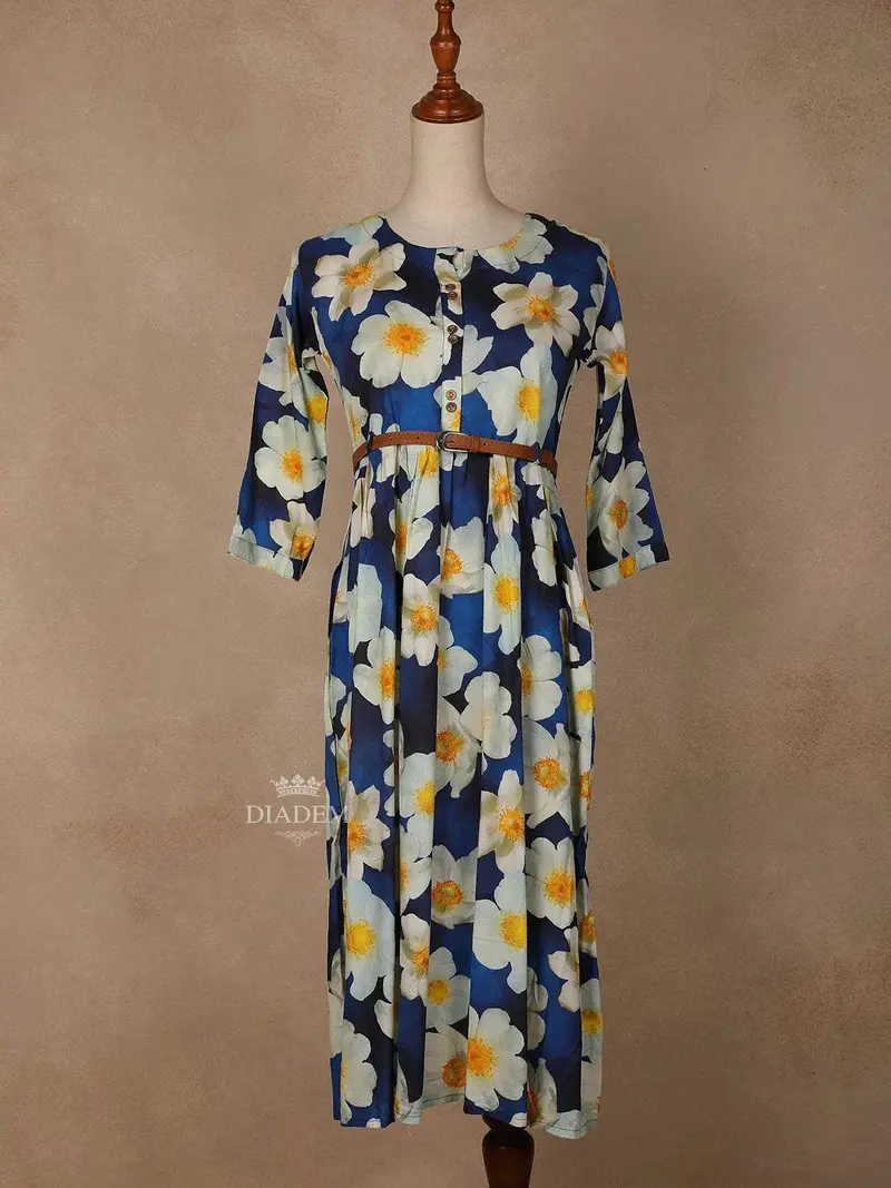 Navy Blue Cotton Maxi Dress For Girls Adorned With Floral Prints And Waist Belt 1