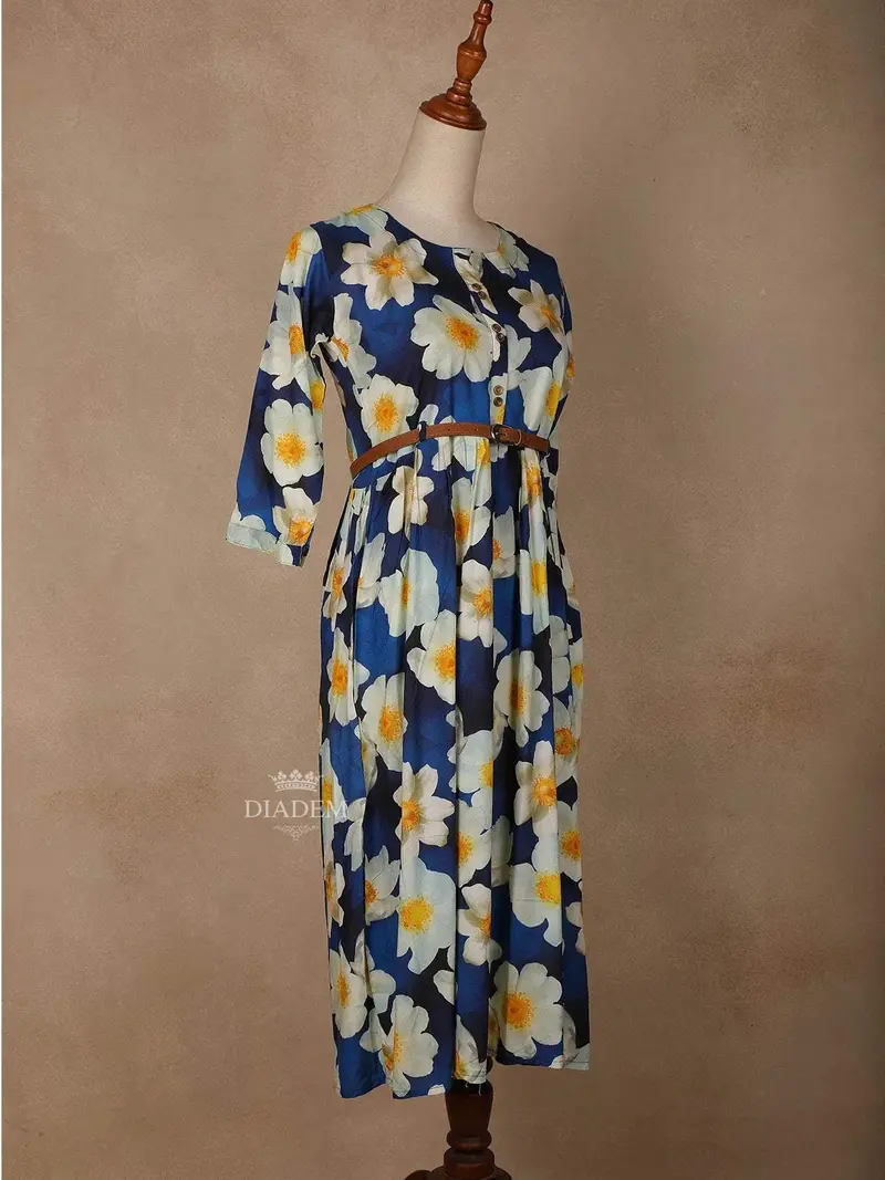 Navy Blue Cotton Maxi Dress For Girls Adorned With Floral Prints And Waist Belt 2