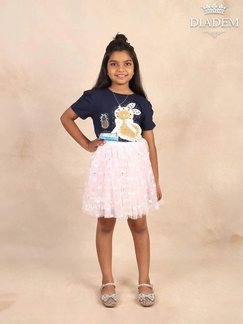 Navy Blue Cotton Print Half Sleeve T-Shirt With Embroidery 1