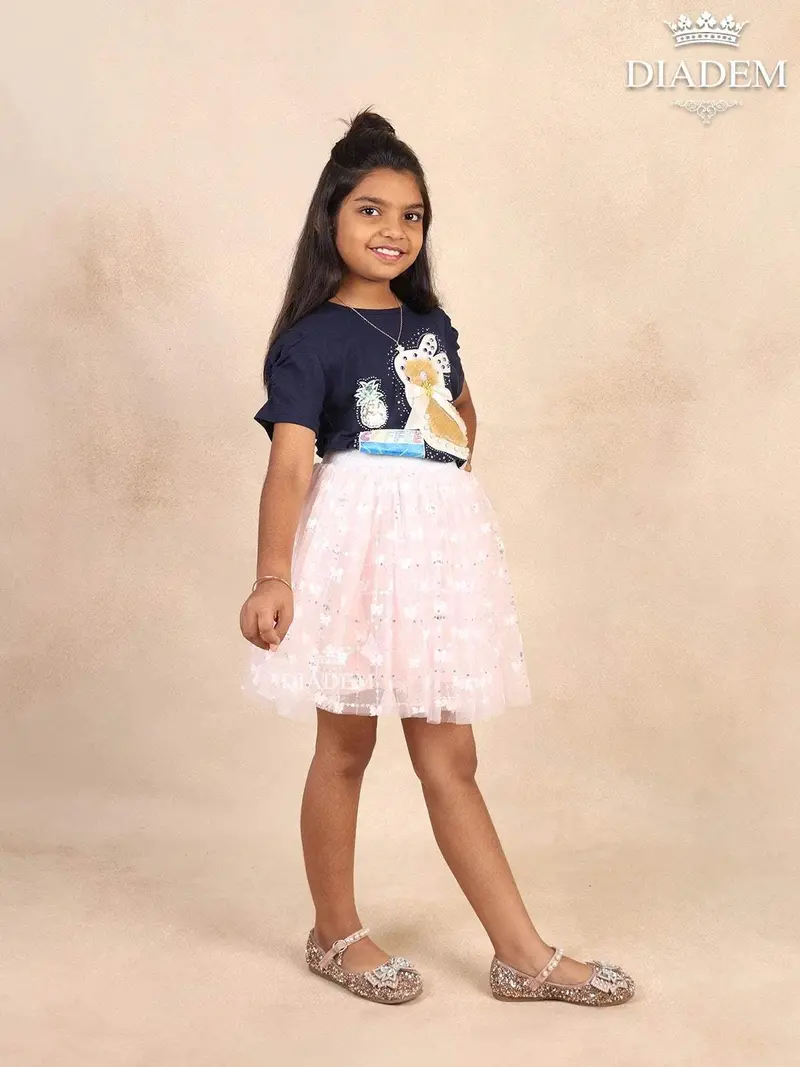 Navy Blue Cotton Print Half Sleeve T-Shirt With Embroidery 2