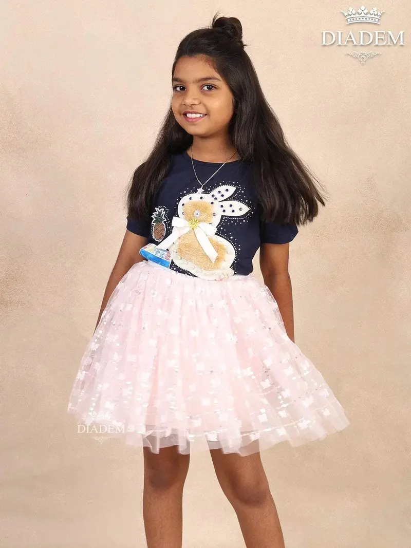 Navy Blue Cotton Print Half Sleeve T-Shirt With Embroidery 3