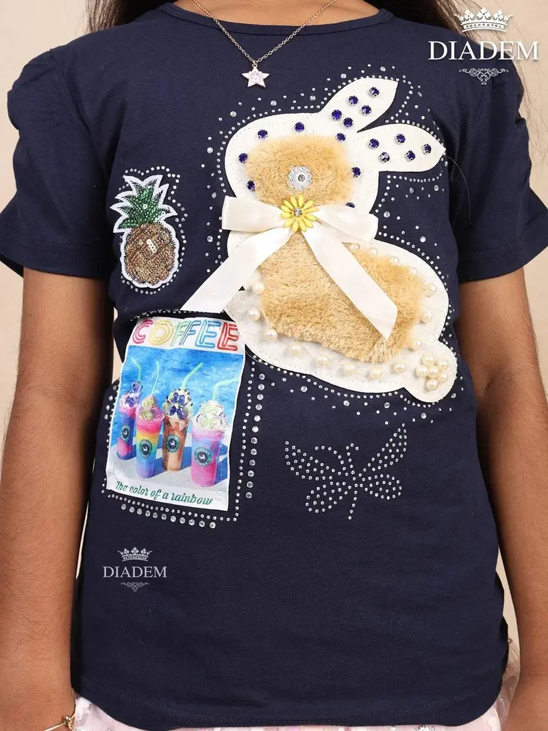 Navy Blue Cotton Print Half Sleeve T-Shirt With Embroidery 4