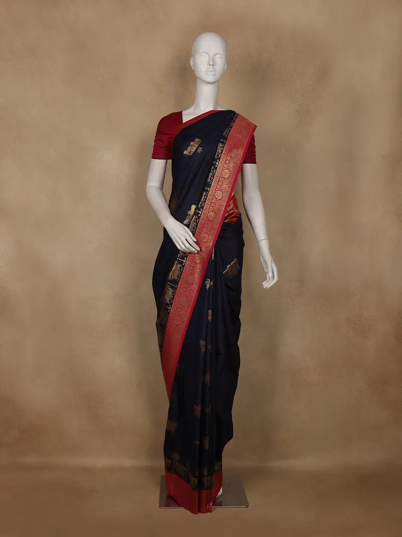 Navy Blue Cow Motif Woven Semi Soft Silk Saree 1