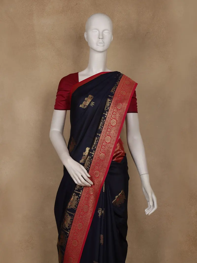 Navy Blue Cow Motif Woven Semi Soft Silk Saree 2
