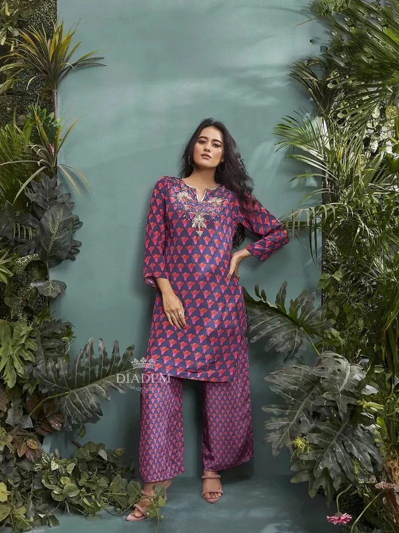 Navy Blue Crepe Palazzo Salwar Suit For Women Adorned With Floral Prints And Embroidery 1