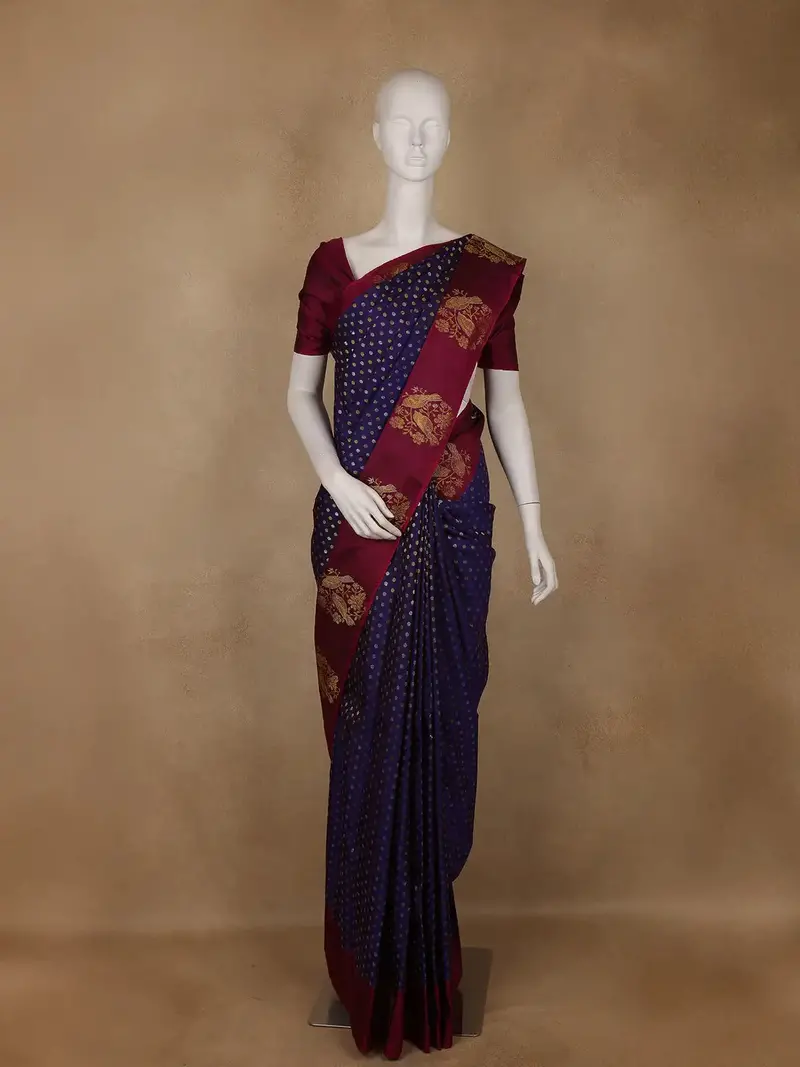 Navy Blue Dots Woven Pure Kanchipuram Silk Saree With Maroon Contrast Border 1