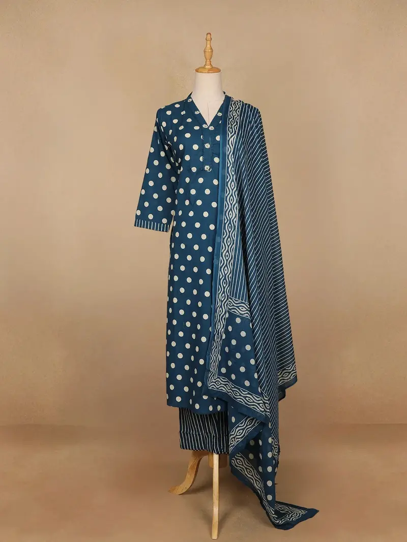 Navy Blue Dotted Designed Cotton Straight Cut Salwar Suit 1